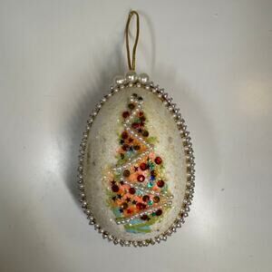 Vintage 1960s Handmade Pearl Beaded Christmas Ornament with Tree Design